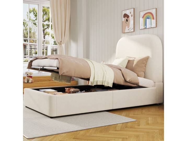Lit coffre enfant - MERAX - Lit coffre enfant 90x200 velours - Tête rembourrée 9 5 cm - Sommier hydraulique - Grand coffre beige