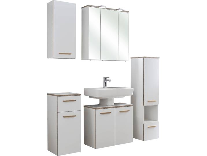 Badmöbel-Set SAPHIR Quickset 931 5-teilig, Waschbeckenunterschrank mit LED-Spiegelschrank , weiss (weiß glanz, kante riviera eiche), Holzwerkstoff, Kastenmöbel-Sets, Badmöbel-Set, Midischrank, Unterschrank, Hängeschrank, inkl. Türdämpfer, Weiss Glanz