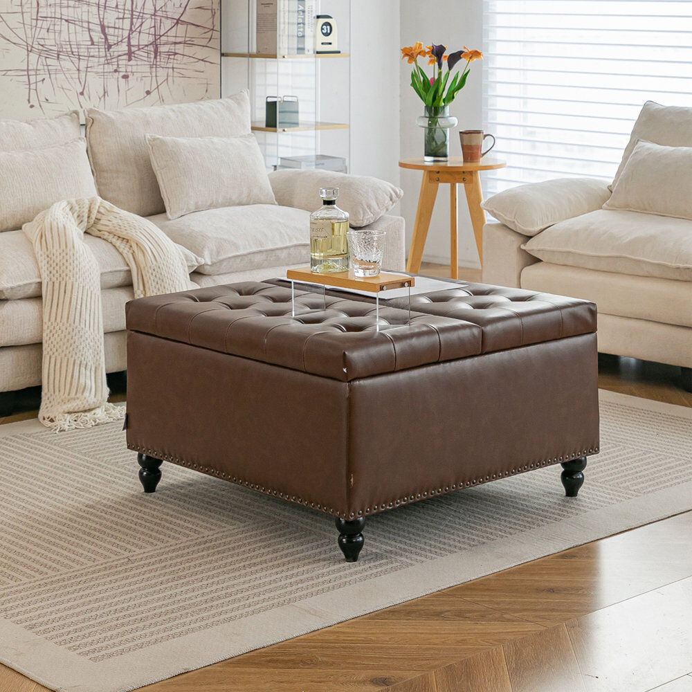 Rosalind Wheeler 81.5cm Wide Faux Leather Tufted Square Cocktail Ottoman with Storage 46cm H X 81.5cm W X 81.5cm D