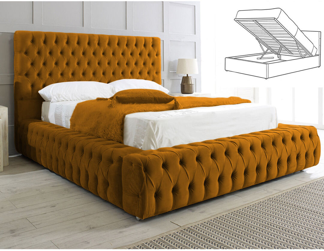 Britainsleep Elite Elegance Ambassador Ottoman Storage Bed - Premium Upholstered Velvet Bed Frame with Tall Headboard Mustard Double (4'6)