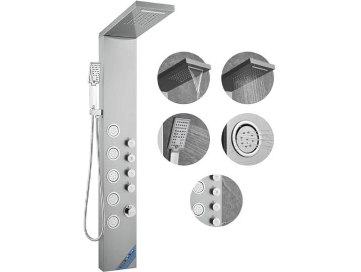 VEVOR Système de Panneau de Douche avec 4 Modes\, Tour de Panneau de Douche\, Pluie\, Cascade\, 5 Jets de Massage Complet du Corps et Pomme de Douche à Main à 3 Réglages avec Tuyau\, Ensemble de Douche