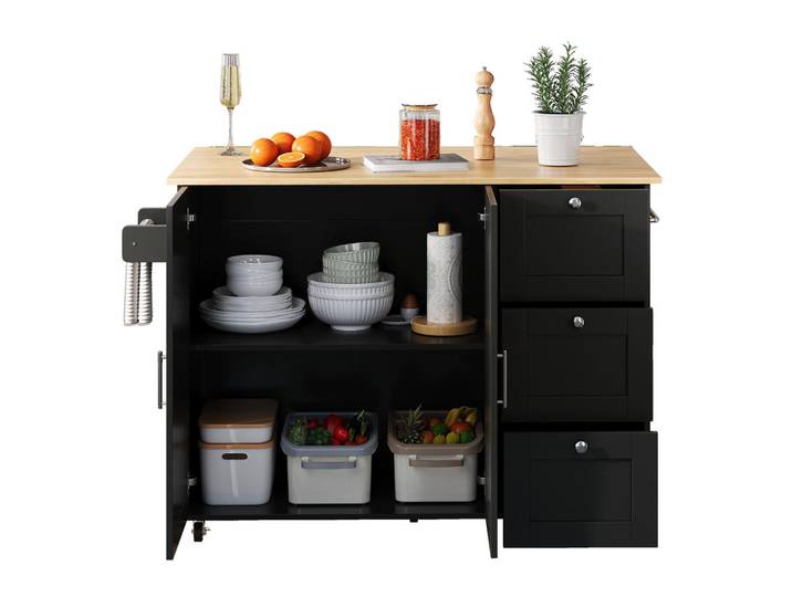 Gisaae Kücheninsel mobil aus Eichenholz klappbar multifunktional 135*70*90cm, Schwarz, Holz, Mode, Küche mit Insel,Rechteckig, 44x90x135 cm, Küchen, Küchenmöbel, Kücheninseln
