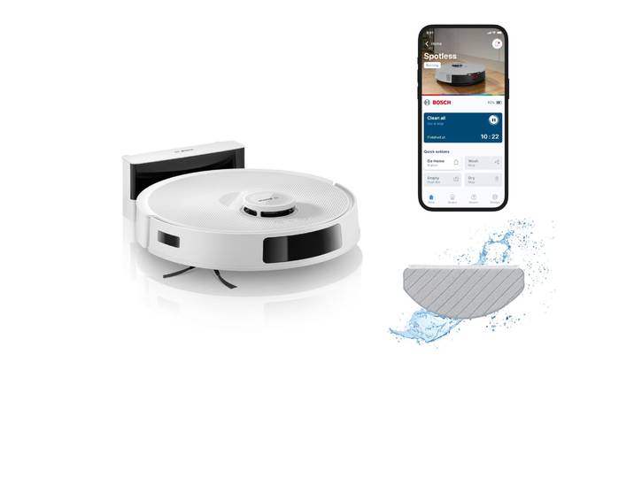 BOSCH Saugroboter Spotless BCRC1W, Saugroboter mit Wischfunktion, 11.000 Pa Saugkraft , weiß, B:35,3cm H:9,6cm T:35,1cm, Saugroboter, Ladestation, einfache Navigation mit Infrarot-Licht, Carbon Bürste, Saugroboter, Topseller