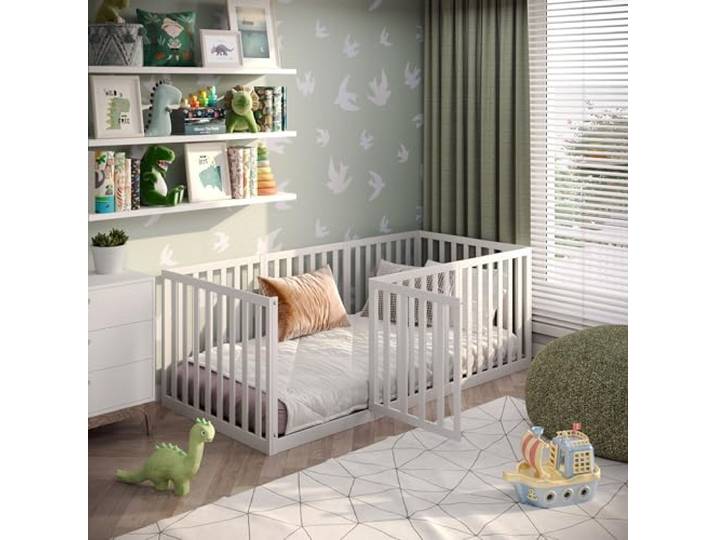 CADANI TESO Kinderbett 90x200 cm – 2-in-1 Bodenbett und Laufgitter mit Tür Montessori Bett aus Kiefer Massivholz, geprüft nach EN 12227, hoher Rausfallschutz und Lattenrost, in 6 Varianten aufbaubar