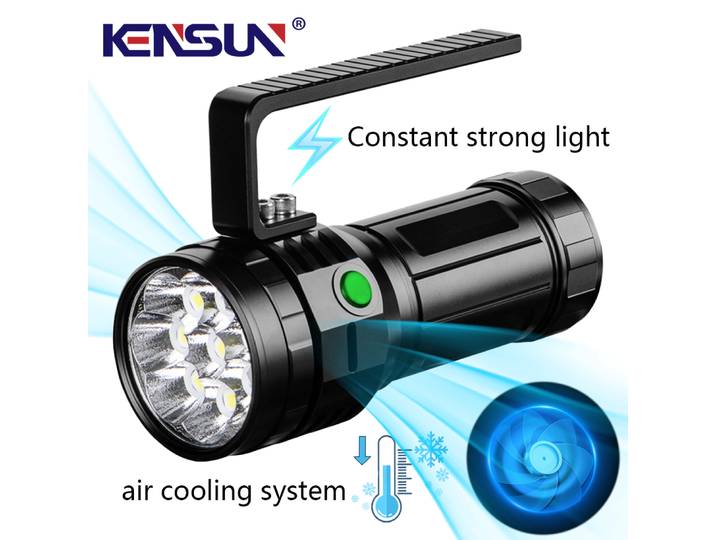 Lampe torche LED rechargeable haute puissance en alliage d'aluminium, grande puissance lumineuse, avec système de refroidissement intelligent par ventilateur.