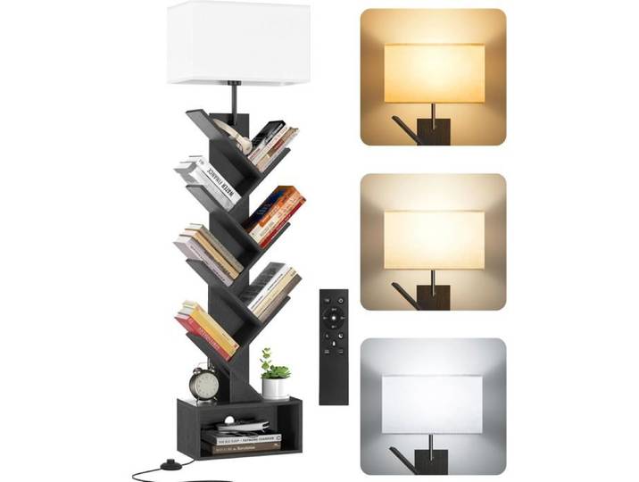 Petite Bibliothèque Arbre en Bois sur Pied - Étagère 6 Niveaux Meuble d'Angle avec Éclairage - Noir