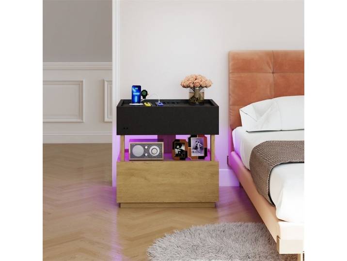 Table de chevet - Connectée avec recharge sans fil par induction éclairage LED et 2 tiroirs - Noir et Naturel