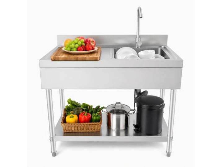 QUINZO 100 x 60 x 80CM Commercial Küchenspülen für Küche, Wäsche, Garage Freistehende Spüle Edelstahl 300kg 1 Becken (rechts) mit Armatur und Spritzschutz für Waschen Von Obst Gemüse Schüsseln