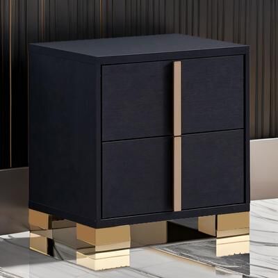 Benjara Dex 22 Inch Nightstand, 2 Drawers with Long Vertical Gold Handles, Black