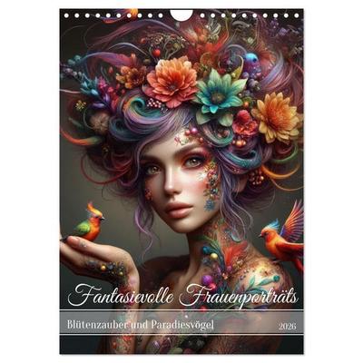 Fantasievolle Frauenporträts - Blütenzauber und Paradiesvögel (Wandkalender 2026 DIN A4 hoch), CALVENDO Monatskalender