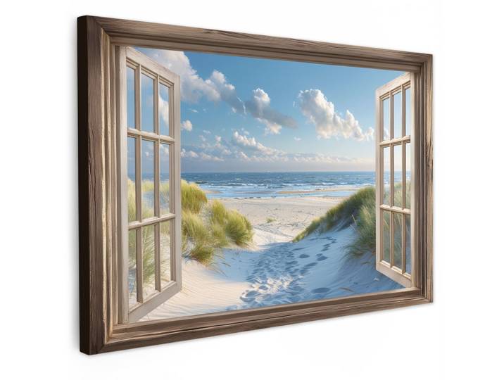LEINWANDBILD Aussicht - Strand - Fenster - Dünen - Meer Gemälde 60x40 cm