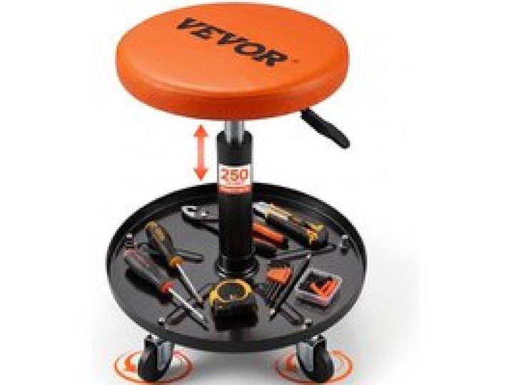 VEVOR Rollender Mechanikerhocker Werkstatthocker 113,4 kg, 406-559 mm Höhenverstellbarer Werkstattsitz, Werkstatthocker mit Werkzeugablage, für Garage, Geschäft, Autoreparatur, Schwarz + Orange