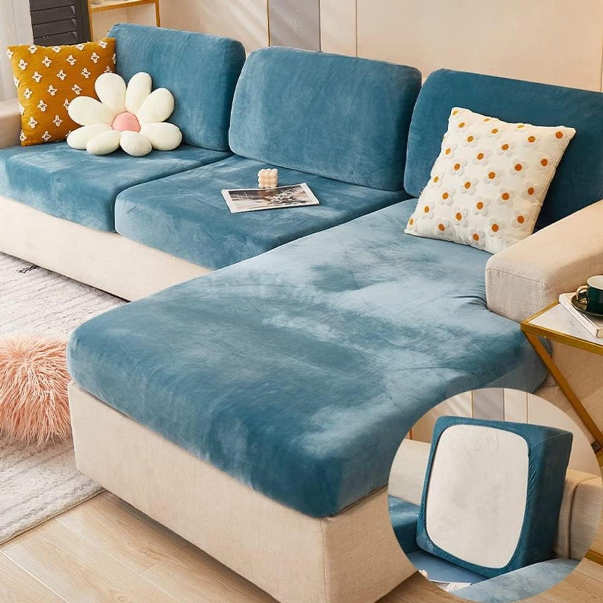 Blauwe fluwelen sofa zitkussenhoes voor universele bescherming van je bank