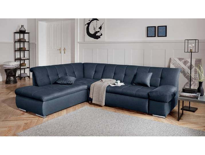 Ecksofa, Struktur fein 100% Polyester, Dunkelblau, 271×213 cm, Mit Bettfunktion, Modern, Domo-Collection