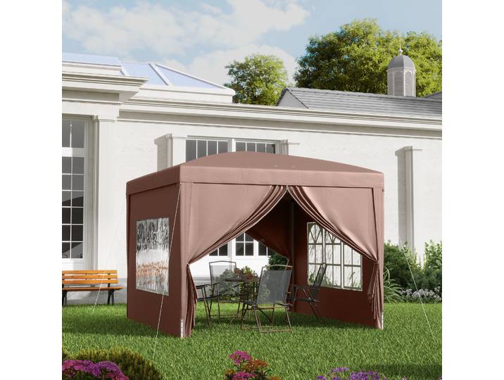 Outsunny Pavillon 3 x 3 m avec 4 parois latérales, fenêtre, tente de fête avec protection UV, pavillon de jardin avec sac de transport, en acier, Café
