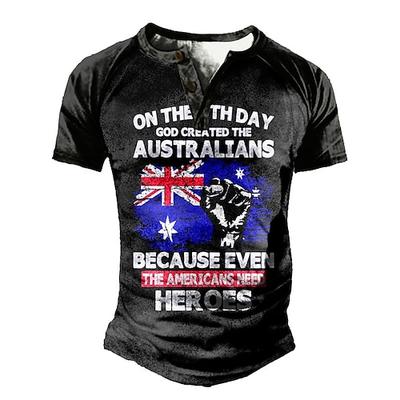 Herren Australisches Stolz Grafik Henley T-Shirt Gott schuf Australier Amerikaner brauchen Helden Kurzarm