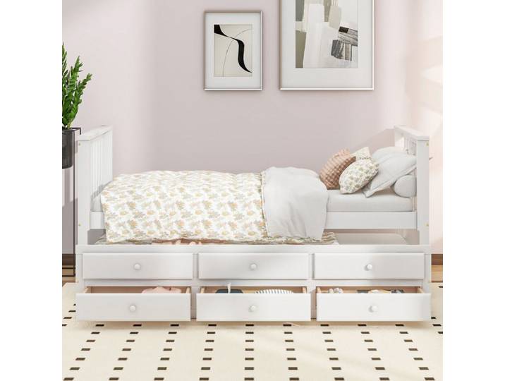 Lit simple avec lit gigogne et tiroirs - 90x200 cm - Blanc - Pin massif - Lit gigogne 90x190 cm - Trois tiroirs