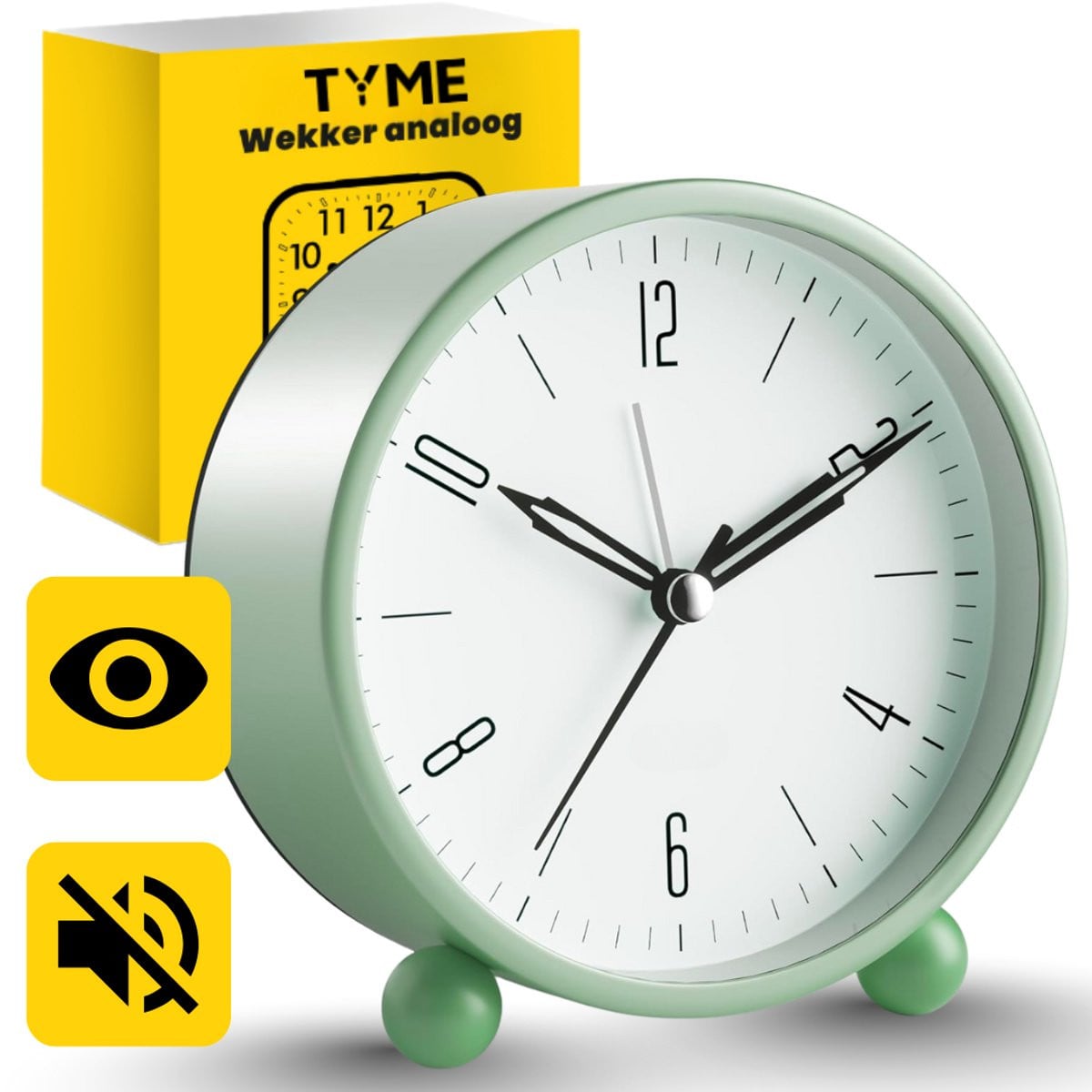 Tyme Analoge Wekker zonder Tikgeluid met Alarm en Verlichting - Groen
