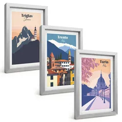 BILDER SET 3er Set - 20x30 cm Silberner Rahmen - Retro-Illustrationen zur Bergarchitektur
