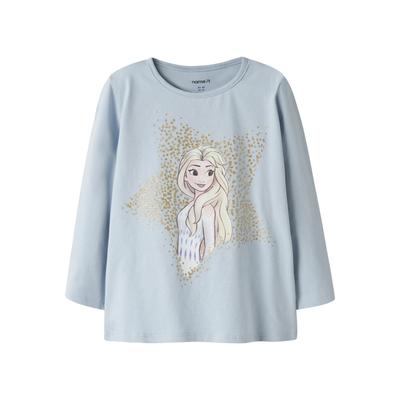 Langarmshirt NAME IT "NMFSOMA FROZEN LS NREG TOP WDI", Mädchen, Gr. 104, blau (subdued blau), Jersey, Obermaterial: 95% Baumwolle, 5% Elasthan, bedruckt, regular fit normal, Rundhals, Shirts Langarmshirt, Baumwollmischung, regular fit, die...