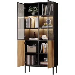 Vitrine mit Glastüren und LED-Beleuchtung, 4 Regale, 180x31x74, schwarz/Eiche, Fernbedienung, für Sammlung und Büro