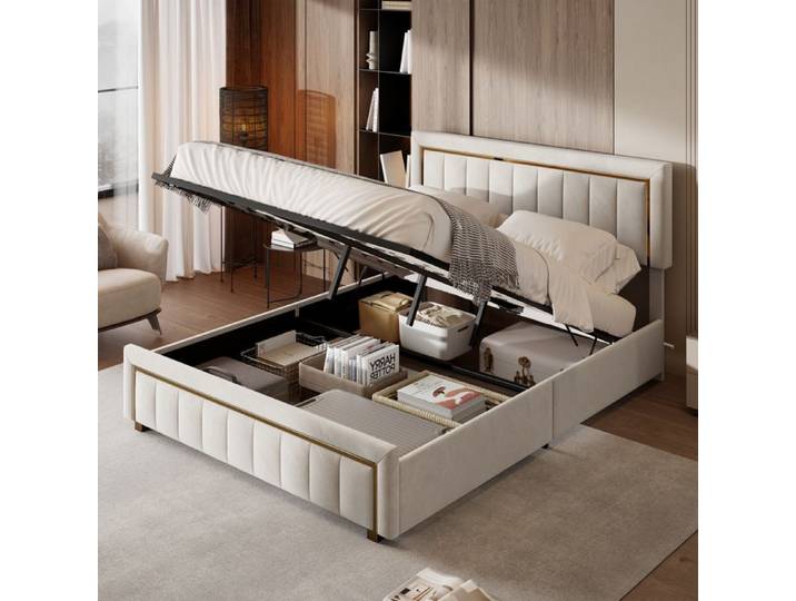 Lit 140x190 cm - lit rembourré en velours - lit double 140x190 cm design contemporain - lit coffre - beige