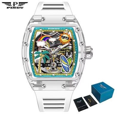 Inspired Finds PINDU Unique Dial Mechanical Watch For Men Waterproof Summer Sport Watch With Silicone Strap white