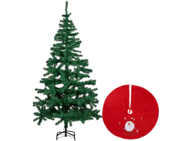 Set künstlicher Tannenbaum 180cm, 650 Zweige & rote Weihnachtsbaumdecke Ø90cm