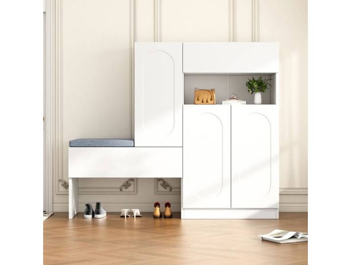 Meuble à Chaussures avec Banc - 130x35x110cm- Meuble Entrée -Design Ovale Push-to-Open - avec Assise Rembourrée - Blanc