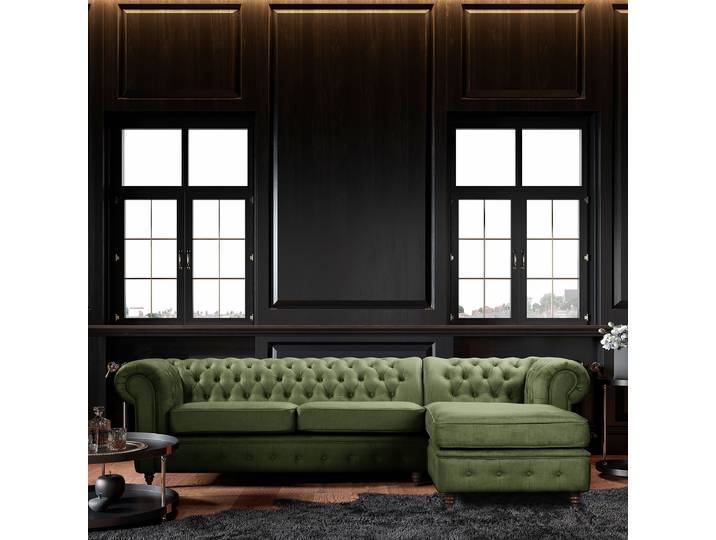 Ecksofa mit Ottomane Grün Microfaser Valeria 284 x 74 x 182cm Ottomane davorstehend links Schlaffunktion für dauerhafte Nutzung Glamour