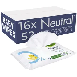 Neutral 0% Baby Wipes - Parfumvrij - 100% plasticvrij en biologisch afbreekbaar - 16 x 52 stuks (16 x 52 Stk.)