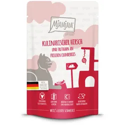 MJAMJAM Quetschies 125g Beutel Katzennassfutter Sparpaket 24 x 125 Gramm kulinarischer Hirsch und Truthahn an frischen Cranberries