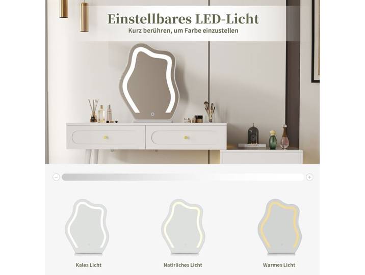 ROVRYN Coiffeuse blanche avec miroir LED 4 tiroirs 1 niche ouverte 140 x 40 x 130 cm