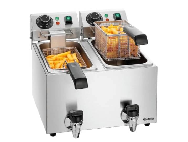 Bartscher Fritteuse SNACK II Plus – Doppel-Fritteuse mit 2 Becken à 4 l, Edelstahl, elektro, mit Fettablasshahn, für Gastronomie, silbergrau