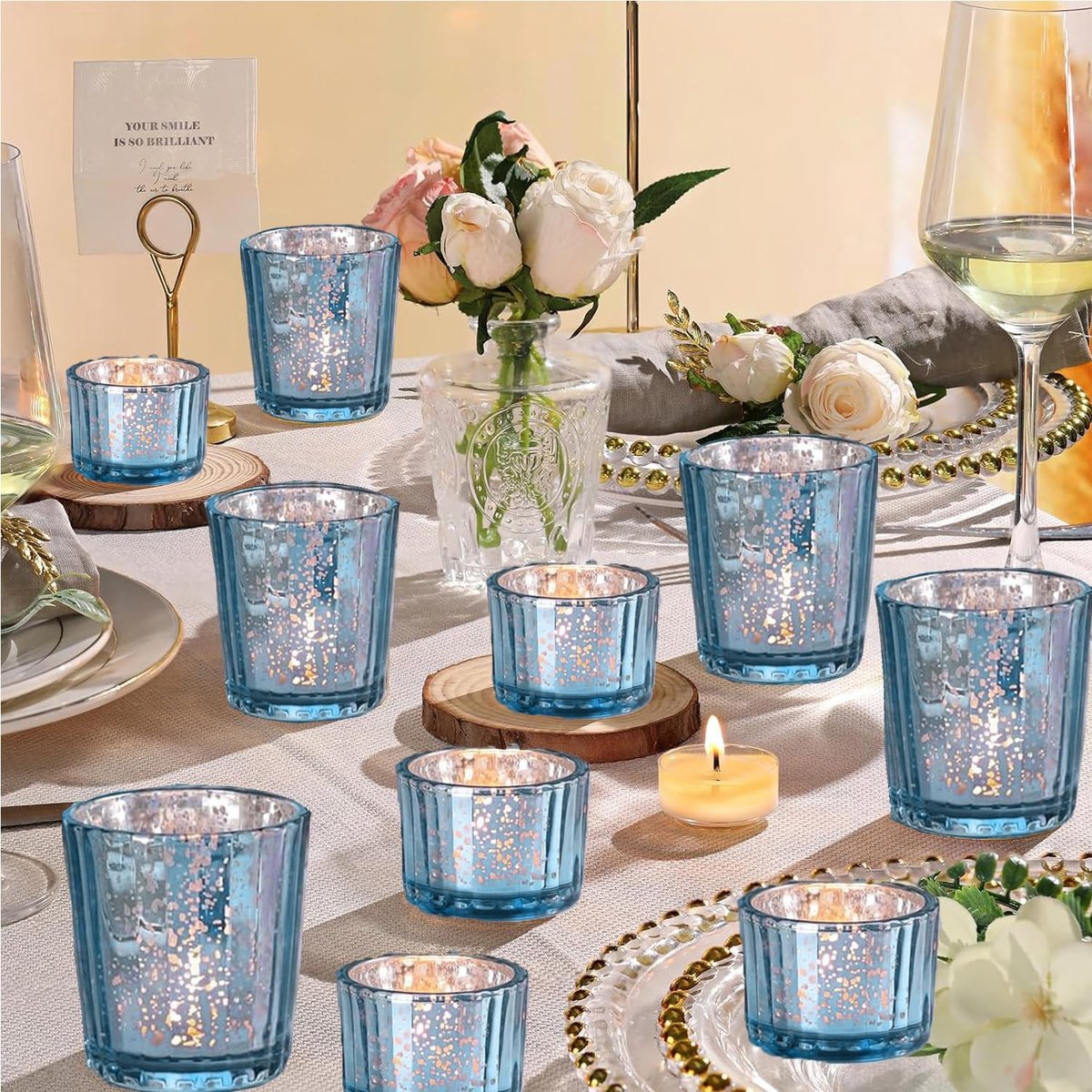 Set van 10 elegante blauwe votieve kandelaars van glas