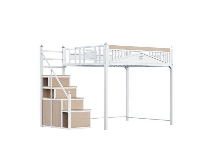MC Star Hochbett 140 x 200 cm, Metall-Sicherheitszaun mit Metallkugel und Fensterdesign (Kletterleiter von links nach rechts austauschbar, Sicherheitsleiter mit Spinden)