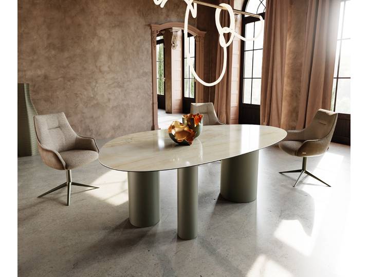 Esstisch Edge Oval 220x120 Keramik Iris FMG Onice Oro Troa Metall Effektfinish Titan, Esstische