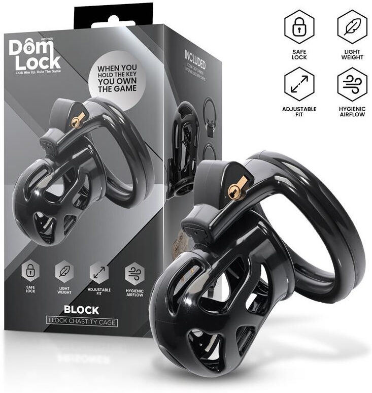 DOMLOCK Cage pour pénis avec cadenas interne et anneaux ajustables