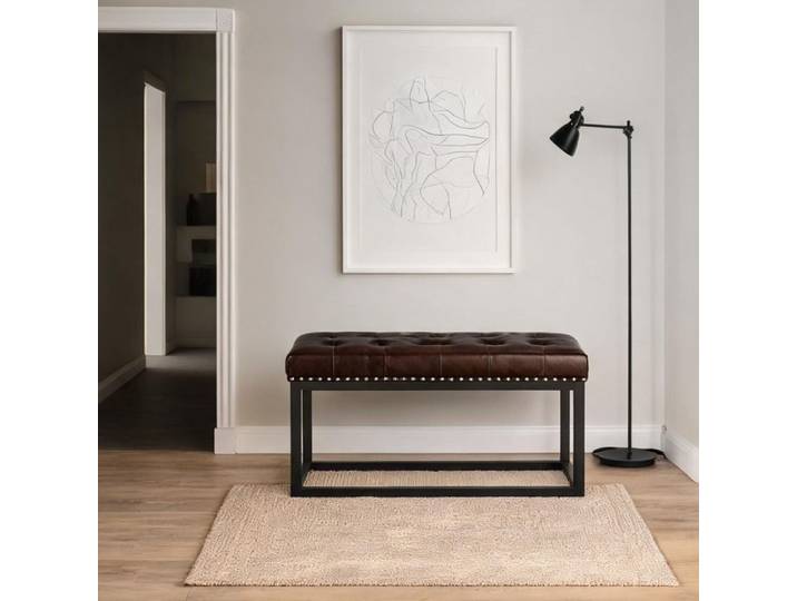 Banc d'appoint 92 cm en similicuir noir vieilli et cadre métal industriel - style vintage