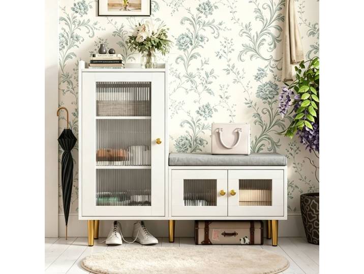 Meuble À Chaussures Avec Banc - 100x35x90 - Banc Rembourré - 2 Portes Vitrées - Étagères Réglables