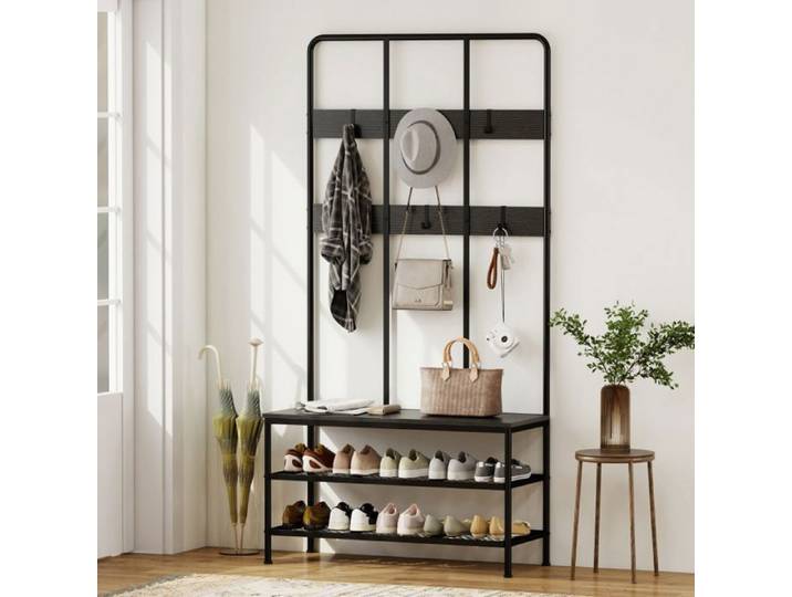 Porte-Manteau avec Étagère à Chaussures Meuble d'Entrée avec Banc 91x36x180 cm Noir