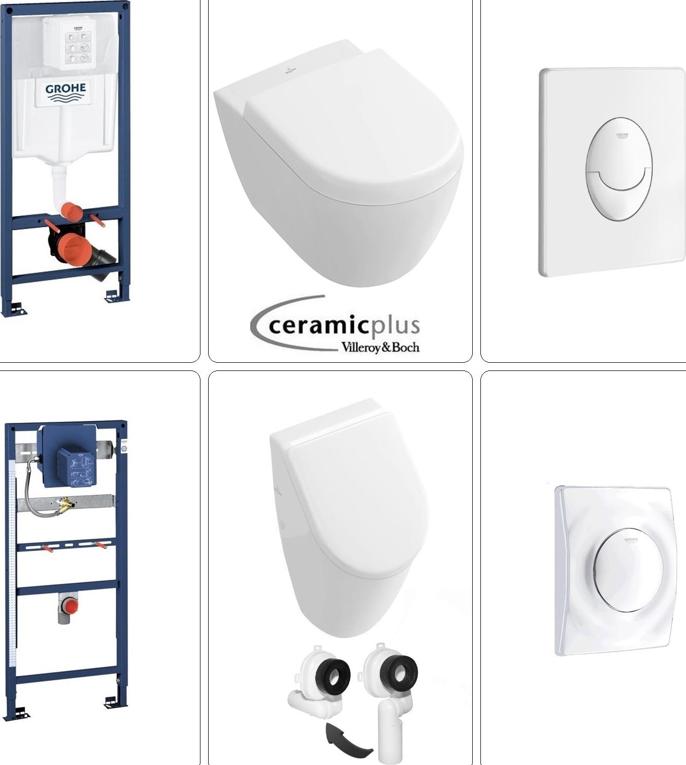 Villeroy & Boch Subway Set Urinal mit Wand WC, Ceramic Plus Beschichtung & Grohe Zubehör, weiß