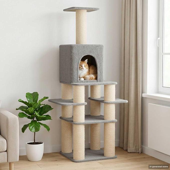 Katzenkratzbaum Hellgrau 180 cm mit Sisal Kratzsäulen, Holzwerkstoff, mehrstöckig mit Plattform, Liegefläche, Höhle für Klettern, Kratzen, Ruhen und Spielen im Innenbereich
