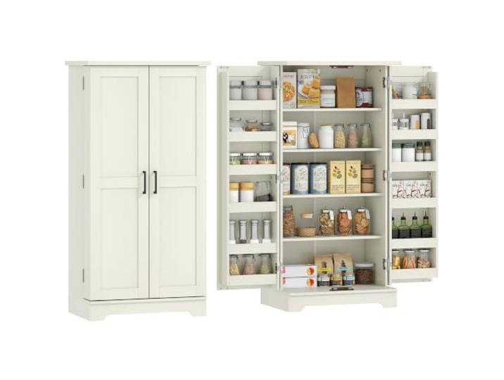 HOMCOM Küchenbuffet-Schrank 5 Regale 60x40x120cm Creme Sideboard, mit Türen, verstellbare Regale, Holzmaserung.