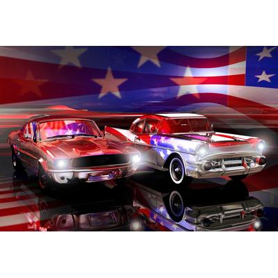 Fototapete PAPERMOON "Amerikanische Autos, Flagge", bunt, B:4m L:2,6m, Vlies, Tapeten