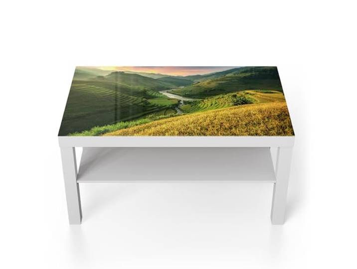 DEQORI Glastisch weiß groß 90x50 cm Motiv Glänzende Terrassenfelder ausgefallener Beistelltisch aus Glas Hochglanz Couchtisch fürs Wohnzimmer moderner Couch Tisch mit Design