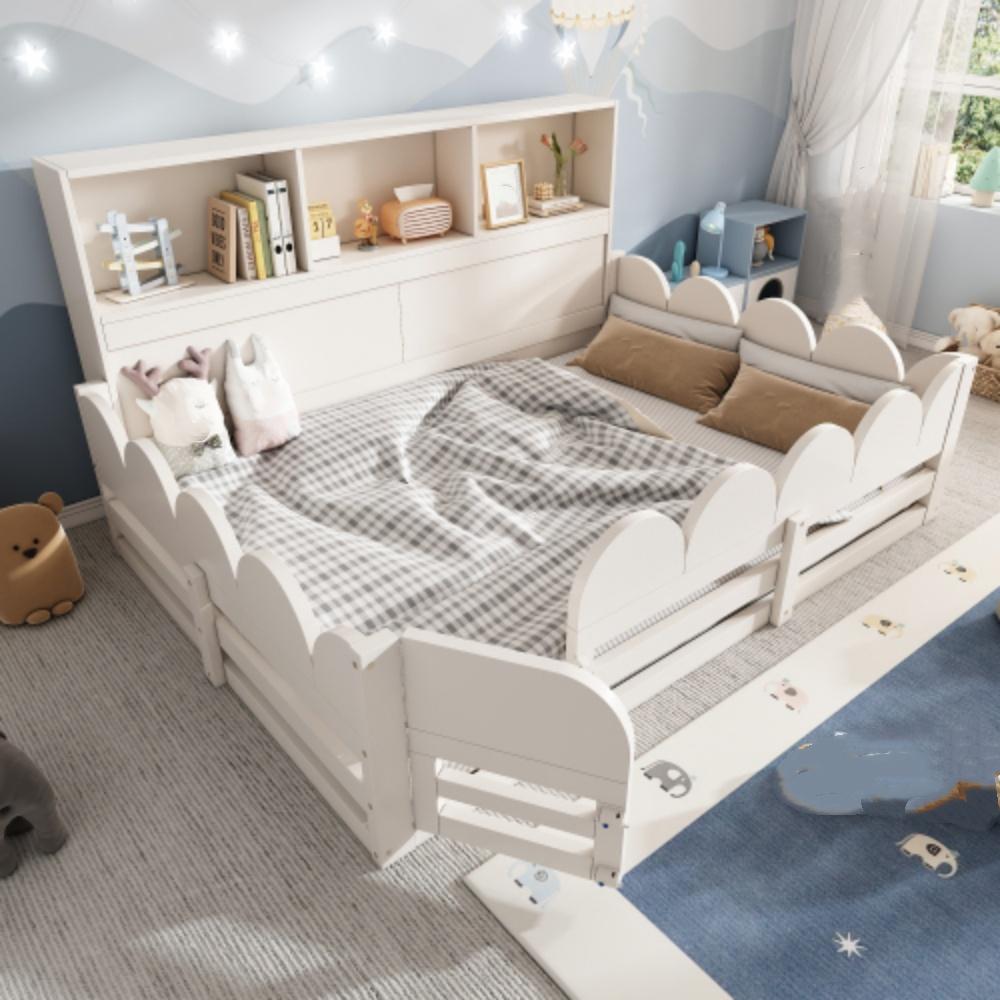 Kinder Bodenbett, Kinderbett mit Regal großzügige Liegefläche, ohne Matratze 140x200cm