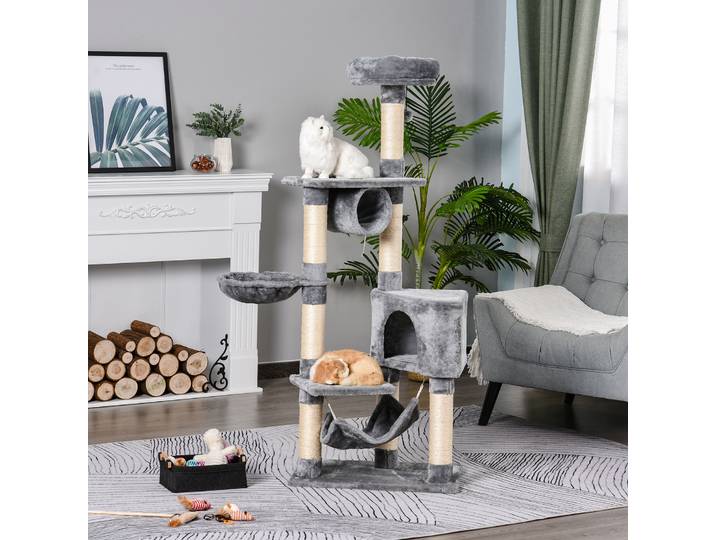 PawHut Arbre à chats multi-équipements griffoirs grattoirs plateformes tunnel niche hamacs jouet suspendu gris