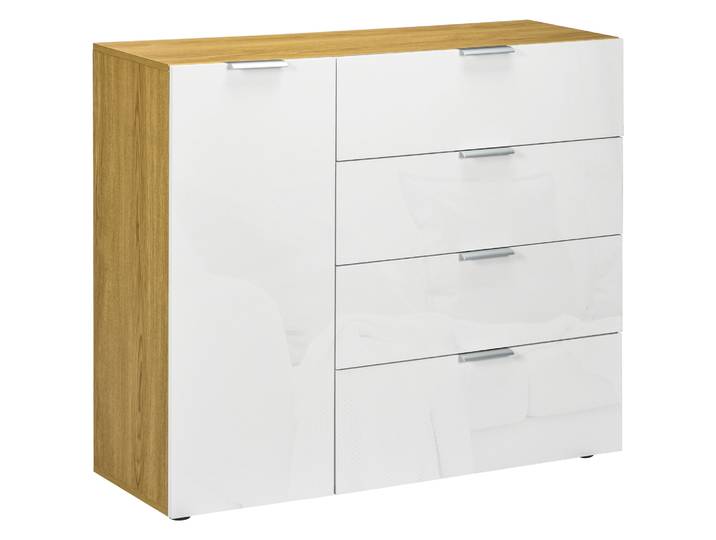 HOMCOM Aparador de Salón Cajonera y Cómoda con 4 Cajones Puerta y Estantes Ajustables 105x35x92 cm Blanco y Natural