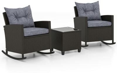 Costway 3-Piece Patio Rattan Roker Chairs with Tempered Glass Table and Soft Cushions-Dark Gray